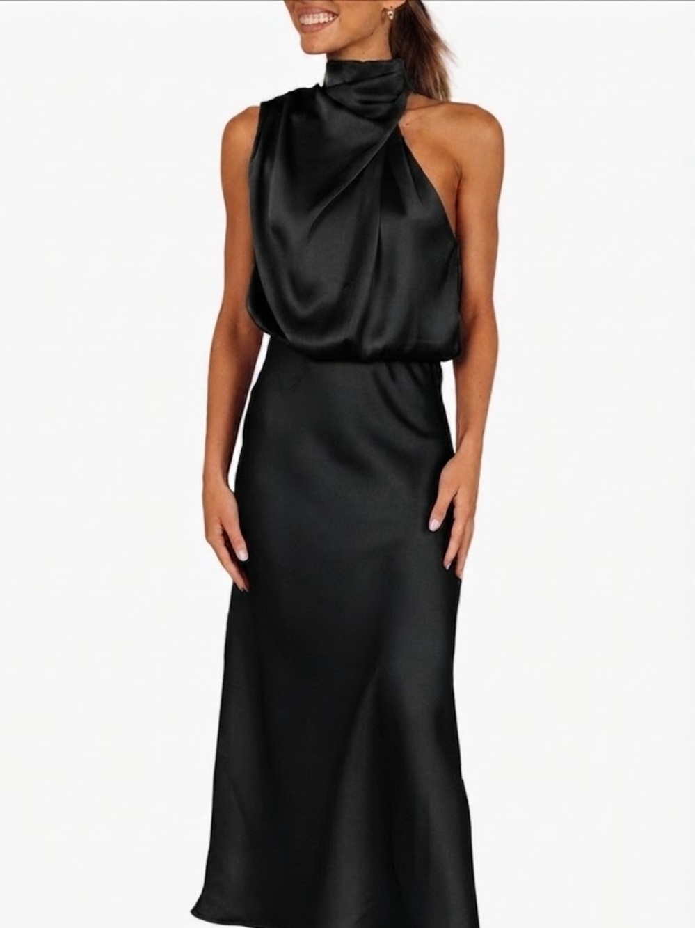 Petal & Pup Black One-Shoulder Satin Midi Dress